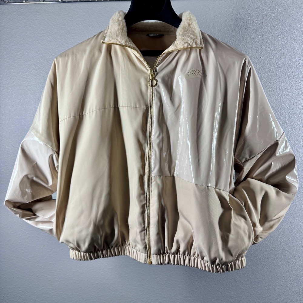 EUC Nike Womens Mixed Media Bomber Jacket Beige‎ Faux Fur Collar Full Zip Small
